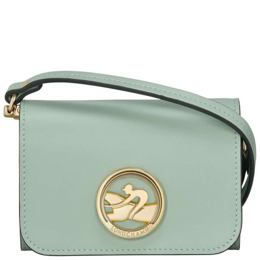 New Longchamp Box-Trot Coin Purse With Shoulder Strap Green-Gray Leather