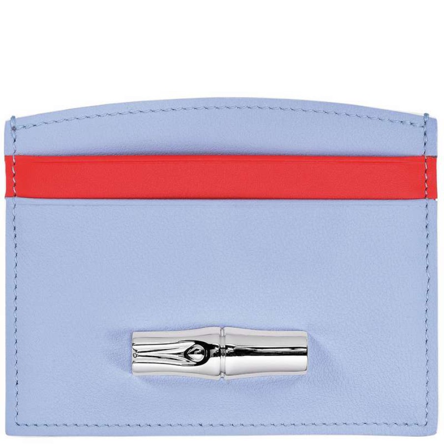 Best Longchamp Roseau Card Holder Sky Blue/Red Leather