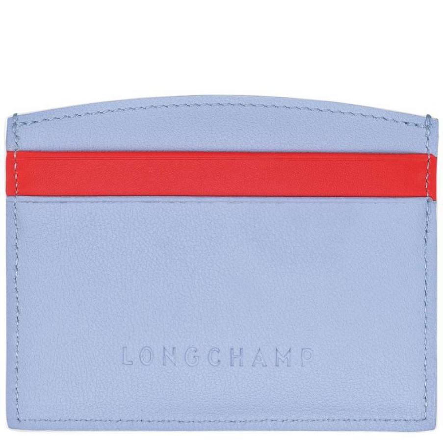 Best Longchamp Roseau Card Holder Sky Blue/Red Leather