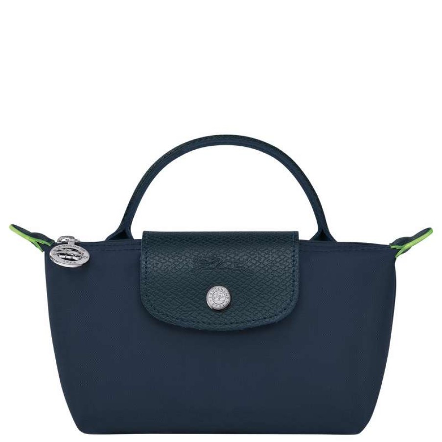 Hot Longchamp Le Pliage Green Pouch With Handle Navy Recycled Canvas