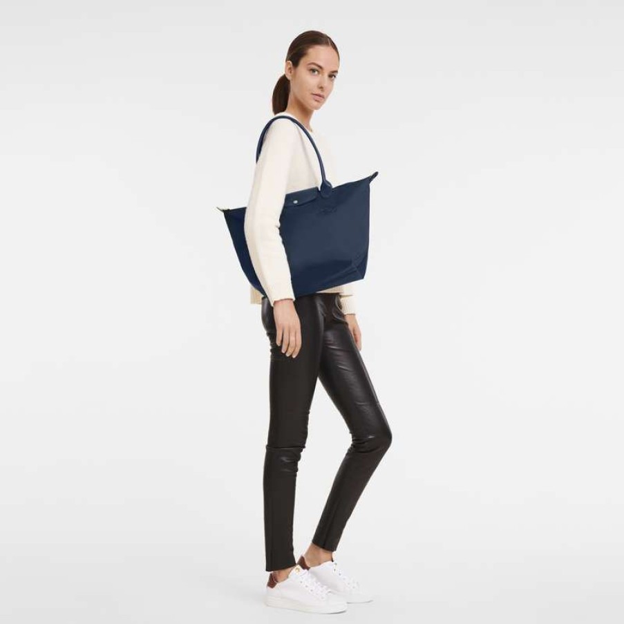 Online Longchamp Le Pliage Green L Tote Bag Navy Recycled Canvas