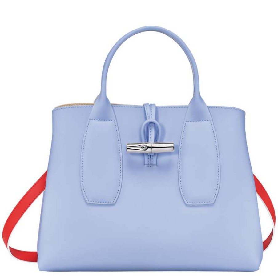 Online Longchamp Roseau M Handbag Sky Blue/Red Leather